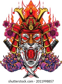 Illustration of tiger with samurai helmet inspired by japanese drawing style