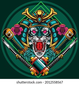 Illustration of tiger samurai with japanese flower and sword