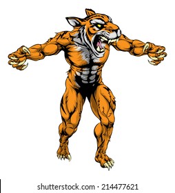 An illustration of a Tiger scary sports mascot with claws out