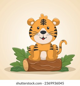 Illustration of a tiger sitting above a tree on a white background, Vector illustration. T-Shirt Design for children. Design elements for kids.