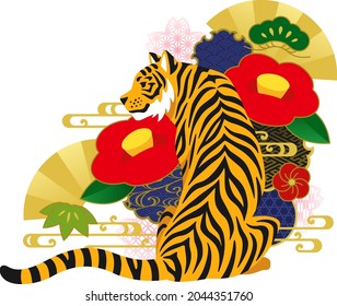 Illustration of a tiger sitting backwards and Japanese style decorative background