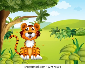 Illustration of a tiger sitting near the tree