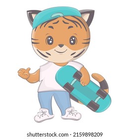 Illustration of tiger skateboarder. Vector illustration of a cute athlete animal. Cute little illustration of tiger for kids, baby book, fairy tales, covers, baby shower invitation, textile t-shirt.