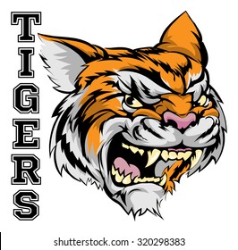 An illustration of a tiger sports mascot head with the word tigers