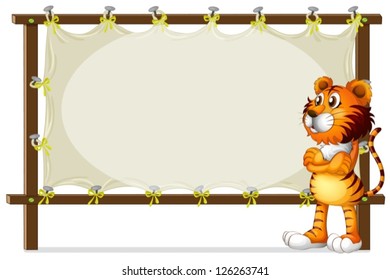 Illustration of a tiger standing beside a wooden frame on a white background