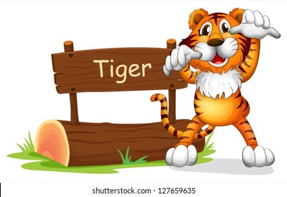 Illustration of a tiger standing at the right side of a sign board on a white background