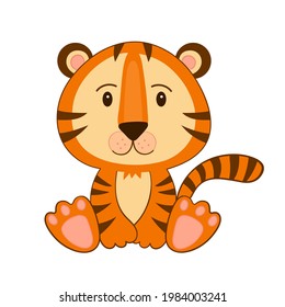 Illustration tiger symbol 2022 year on white isolated background. Cute flat style for stickers or nursery décor.