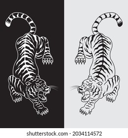 Illustration of tiger tattoo in black and white. Vector