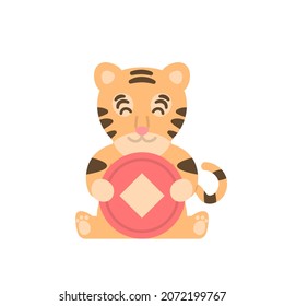 illustration of a tiger that is funny, cute, and adorable. holding a Chinese coin. tiger facial expression. zodiac. flat cartoon style. vector design. can be used for sticker, emoji, character