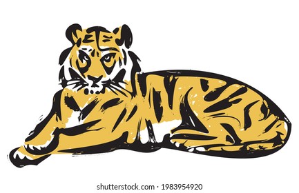 Ilustración de un tigre con un toque de pincel. Ilustración vectorial sobre fondo blanco.
