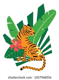 Illustration with tiger and tropical flowers