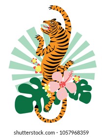 Illustration Tiger Tropical Flowers Stock Vector (Royalty Free) 1057968359