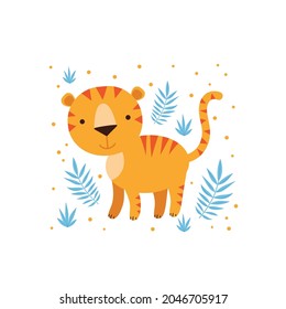 Illustration of tiger and tropical leaves.