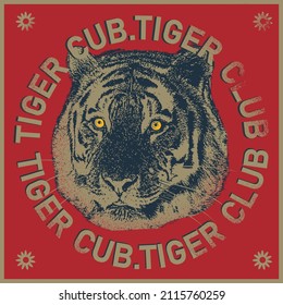 illustration of tiger, typography on a red background. 