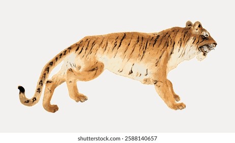 Illustration of a tiger walking. The tiger, with its orange fur and black stripes, moves gracefully. The tiger's powerful stance and stripes are striking. Vintage animal illustration vector.