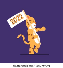 illustration of a tiger walking while carrying or holding a flag. happy chinese new year 2022. illustration concept. step towards a better future. zodiac tiger. flat cartoon style. vector design