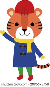 It is an illustration of a tiger wearing winter clothes.