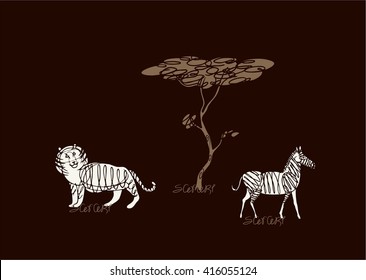 illustration of a tiger and a zebra on the African savannah