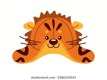 Illustration of a tiger-inspired bucket hat featuring whiskers, stripes, and a friendly face, perfect for adventurous and playful kids.