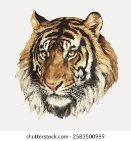 Illustration of a tiger's head with detailed fur and piercing eyes. The tiger's fur is striped, showcasing the majestic and powerful nature of the tiger. Vintage animal illustration vector.