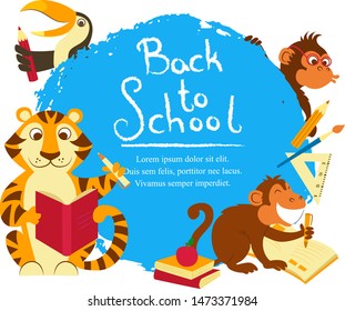 Illustration with tigre, tow monkeys, toucan that are glade to return to the school. With place for text. With lettering Back to School 