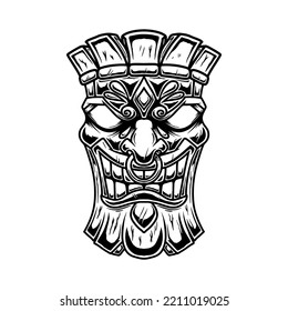 Illustration tiki statue in monochrome style. Design element for logo, label, sign, poster, card. Vector illustration