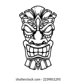 Illustration tiki statue in monochrome style. Design element for logo, label, sign, poster, card. Vector illustration