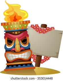 Illustration of a Tiki Torch Standing Beside a Blank Board