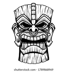 Ilustración de la máscara de madera de la tribu Tiki. Elemento de diseño para logotipo, emblema, signo, afiche, tarjeta, pancarta. Ilustración del vector