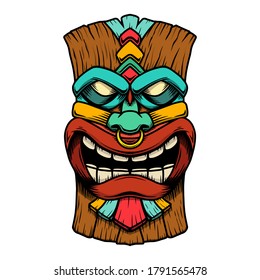 Illustration of Tiki tribal wooden mask. Design element for logo, emblem, sign, poster, card, banner. Vector illustration