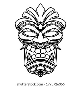 Illustration of Tiki tribal wooden mask. Design element for logo, emblem, sign, poster, card, banner. Vector illustration