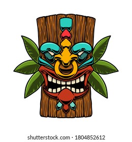 Illustration of Tiki tribal wooden mask. Design element for logo, emblem, sign, poster, card, banner. Vector illustration