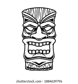 Illustration of Tiki tribal wooden mask. Design element for logo, emblem, sign, poster, card, banner. Vector illustration