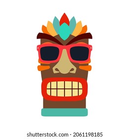 Illustration of Tiki tribal wooden mask. Design element for logo, emblem, sign, poster, card, banner.