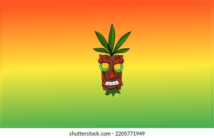 Illustration of Tiki tribal wooden mask. Design element for logo, emblem, sign, poster, card, banner. Vector illustration