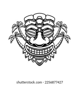 Illustration of Tiki tribal wooden mask. Design element for logo, emblem, sign, poster, card, banner. Vector illustration