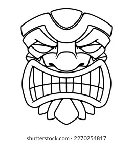 Illustration of Tiki tribal wooden mask. Design element for logo, emblem, sign, poster, card, banner. Vector illustration