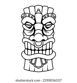 Illustration of Tiki tribal wooden mask. Design element for logo, emblem, sign, poster, card, banner. Vector illustration