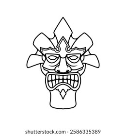 Illustration of Tiki tribal wooden mask. Design element for logo, emblem, sign, poster, card, banner. Vector illustration