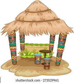 Illustration of a Tiki-themed Hut with Tiki Face Stools and Support Posts