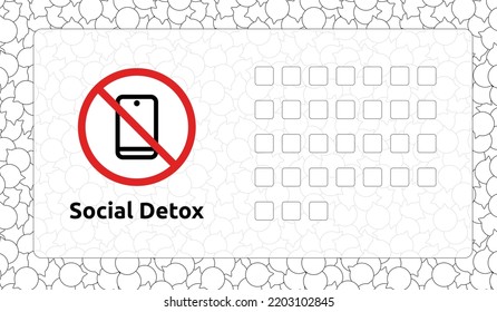 Illustration with time counting of a crossed out mobile phone with the text Social Detox on the background of conversation bubbles. Vector illustration