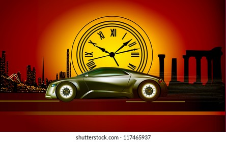 an illustration of the time machine runs to the sunset in the backdrop of history