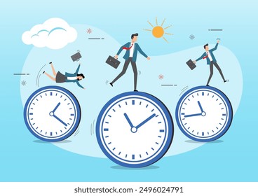 Una ilustración de la gestión del tiempo, horario de trabajo y plazo de tiempo para la productividad y la eficiencia concepto de trabajo, hombres de negocios montando reloj rodante cara con el hombre de confianza en el medio del hombre de éxito