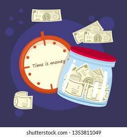 illustration time is money with clock and with money