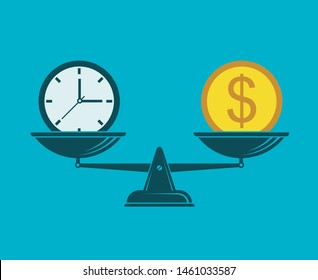 illustration of time is money on scales isolated on blue background