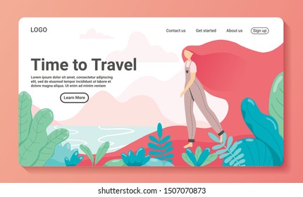 Illustration of time to travel for a business travel landing page templates. Woman Tourists travelling with family, friends or alone, go on journey exotic place with palm trees. Vector flat style