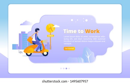 Illustration of time to work, driving a scooter to the office, landing page template for office workers