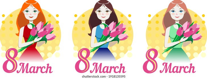 illustration timed to March 8, which depicts girls with a bouquet of tulips