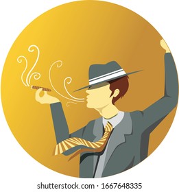 Illustration: Timeless sophistication captured in a 1920s man smoking against a golden backdrop. Perfect for adding vintage charm and class to your designs.