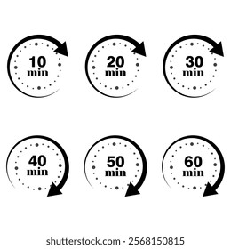 Illustration of timers with different minutes from 10 to 60 minutes with professionally designed circular arrows on white background